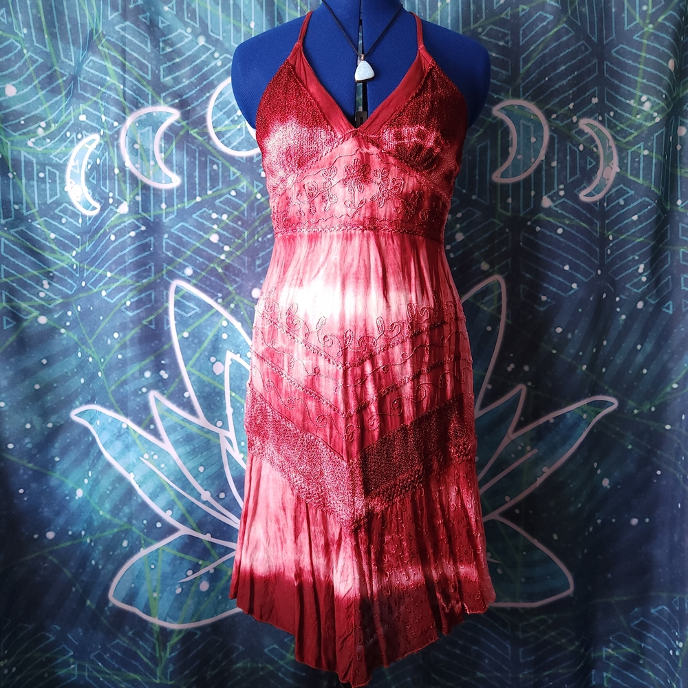 VINTAGE L.S.I. Boho Tie Dye Embroidered Halter Dress | Size M | 2000s Y2K
